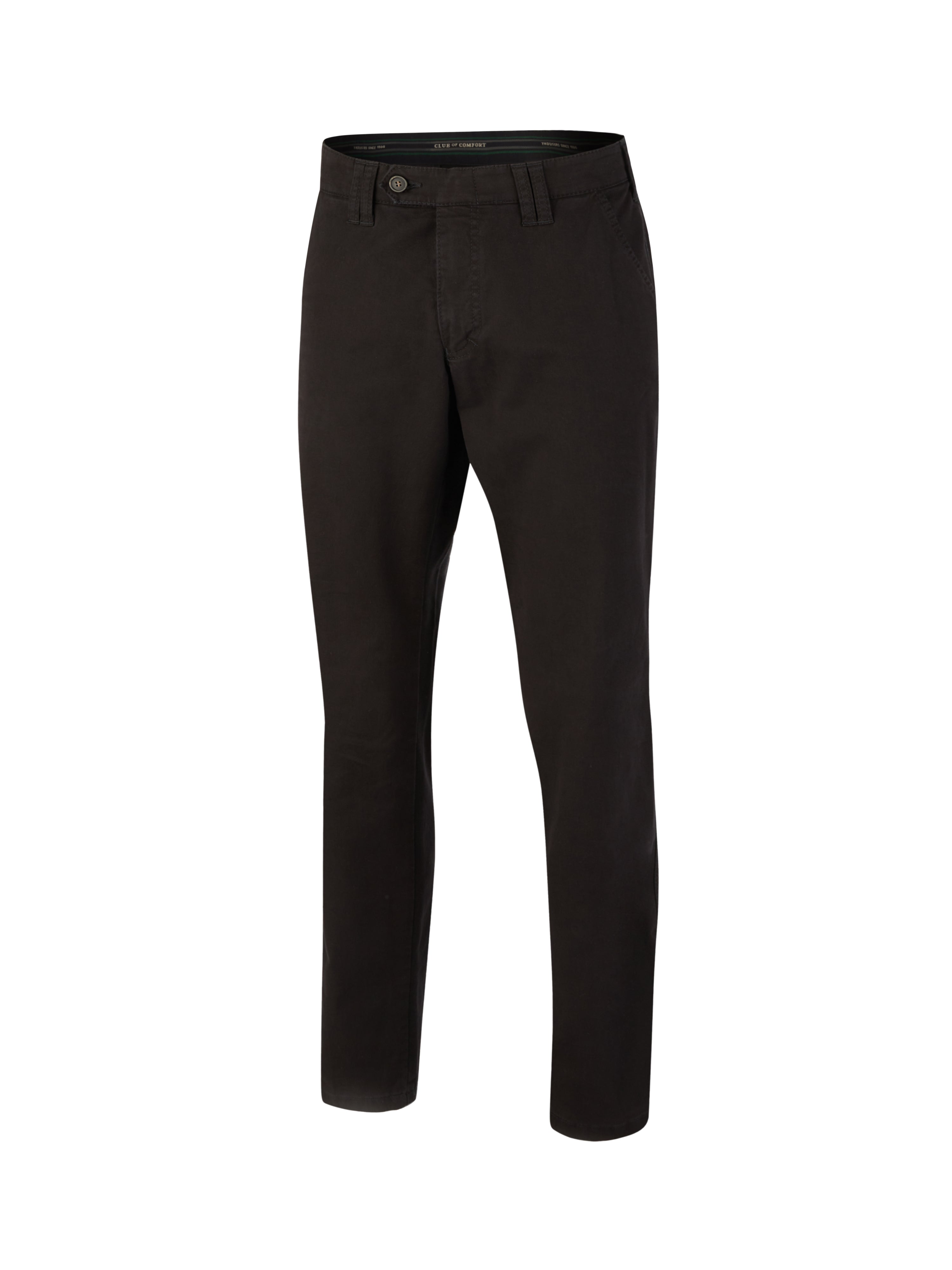 Schwarze DENVER 4402 Damen-Hose in straight fit mit Flat Front, elastischem Komfortbund, Hemdstopper, Reißverschluss-Sicherheits-Tasche in der rechten Gesäßtasche, aus softem Baumwoll-High-Stretch-Material, hergestellt von Club of Comfort, mit nachhaltigem Made in Green by Oeko-Tex, geeignet für alle Jahreszeiten.
