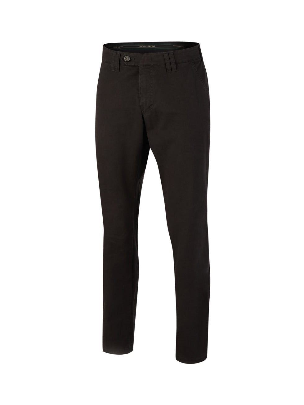 Schwarze DENVER 4402 Damen-Hose in straight fit mit Flat Front, elastischem Komfortbund, Hemdstopper, Reißverschluss-Sicherheits-Tasche in der rechten Gesäßtasche, aus softem Baumwoll-High-Stretch-Material, hergestellt von Club of Comfort, mit nachhaltigem Made in Green by Oeko-Tex, geeignet für alle Jahreszeiten.