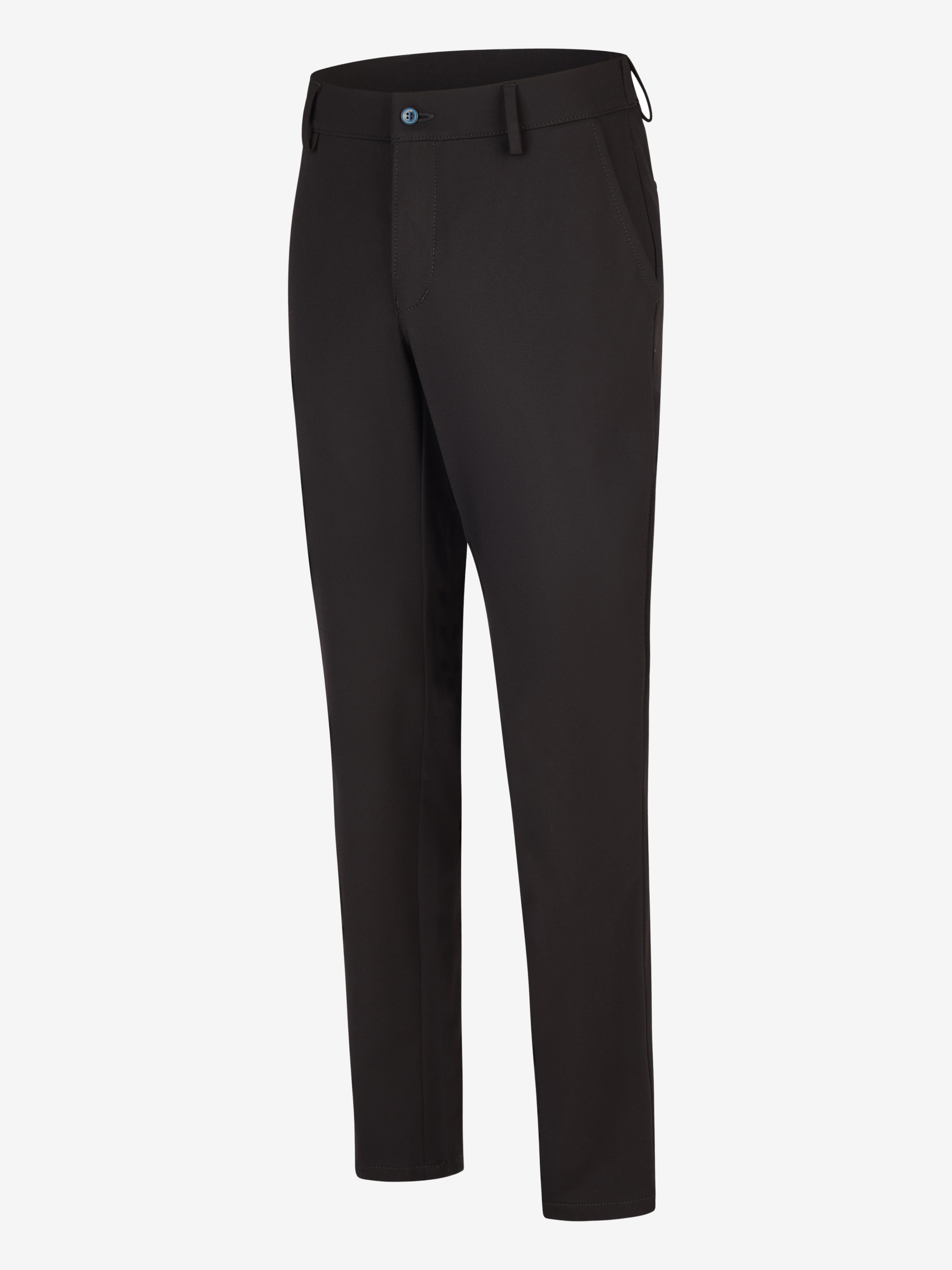 Schwarze Slim Fit Chino-Hose FOXX 8240 von Club of Comfort aus hochelastischem Polyamid-Viskose-Mix mit elastischem Smokbund, Hemdstopper, auf weißem Hintergrund.