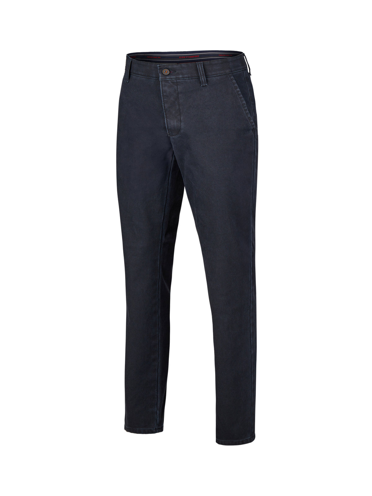 Dunkelblaue GARVEY 8025 Chino-Hose mit Flat Front, Komfortbund, Hemdenstopper, High-Stretch-Baumwolle mit Thermolite-Wärmeisolierung, Slimmer Beinverlauf, reguläre Leibhöhe, hergestellt von Club of Comfort, geeignet für Herbst/Winter.