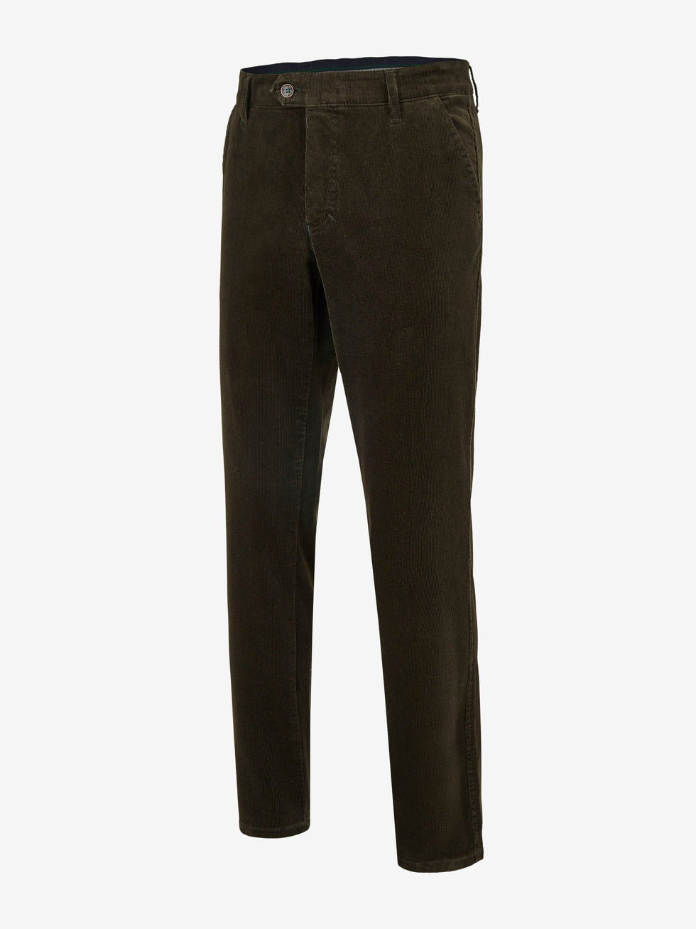 Dunkelgrüne GARVEY 8200 Flat Front Hose aus Feincord mit High Stretch, Komfortbund, Hemdenstopper und Bundverlängerung mit Knopf und Haken, reguläre Leibhöhe, schmaler Beinverlauf, bequemer Casual-Look, made in Green by Oeko-Tex, für Herbst/Winter.