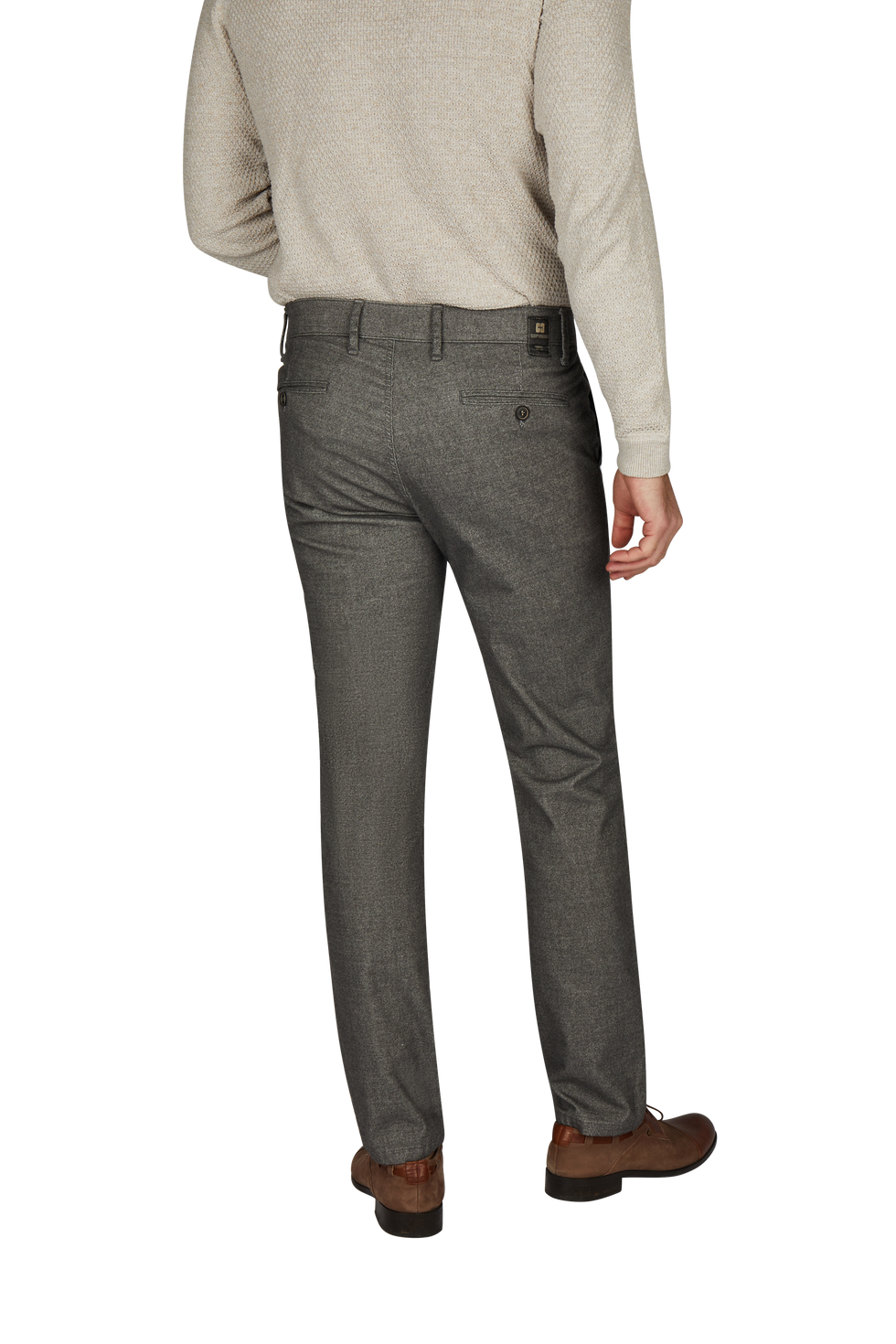 Produktbild einer grauen GARVEY Flat Front-Hose, hergestellt von Club of Comfort. Die Hose hat eine normale Leibhöhe, elastischen Komfortbund, Hemdstopper und schmalere Fußweite für einen schlankeren Beinverlauf. Gefertigt aus Baumwoll-Struktur-Mischgewebe mit Woll-Optik und Melange-Garn, geeignet für Herbst/Winter, mit Stretch und Standard 100 Oeko-Tex.