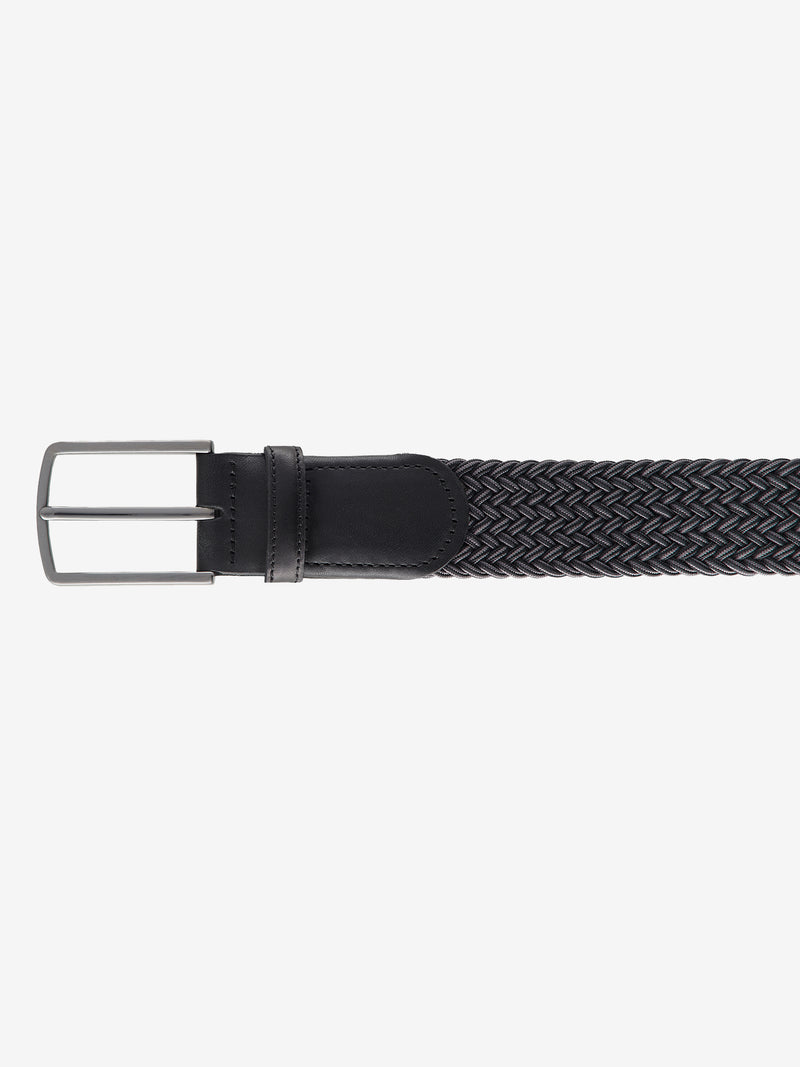 Grau elastischer Two-Tone-Flecht-Gürtel mit Logoprägung an der Lederspitze, polierte Metallschließe, Breite 3,4 cm, Länge 90-125 cm, aus Polyester, von Club of Comfort, sportlich, für Alltags- und Ganzjahresgebrauch.