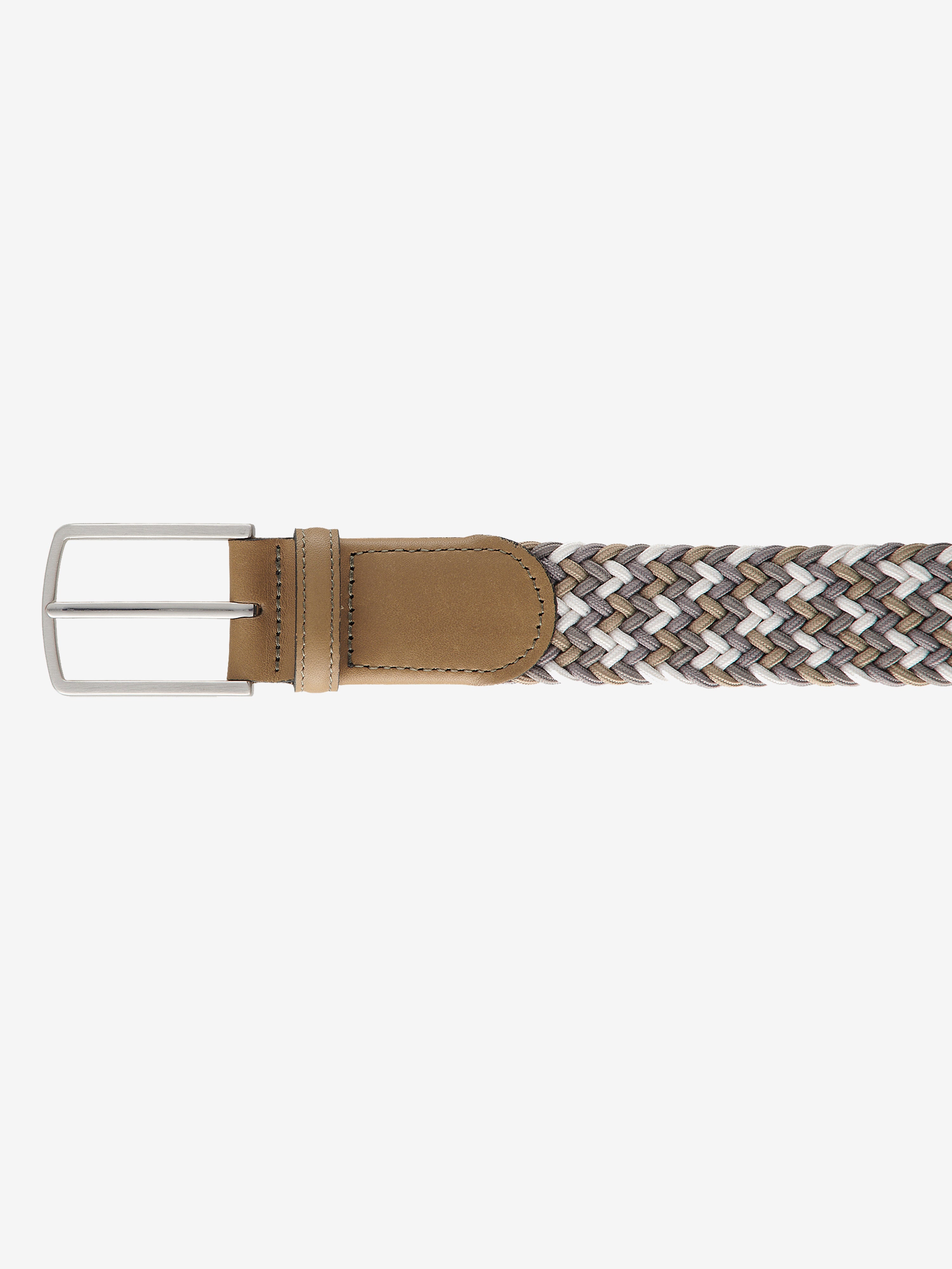 Beiger-blauer stretchiger Two-Tone-Flecht-Gürtel mit Logoprägung in der Lederspitze und polierter Metallschließe, Breite 3,4 cm, inklusive vielfältiger Längen von 90 bis 125 cm, von Club of Comfort, geeignet für alle Jahreszeiten.