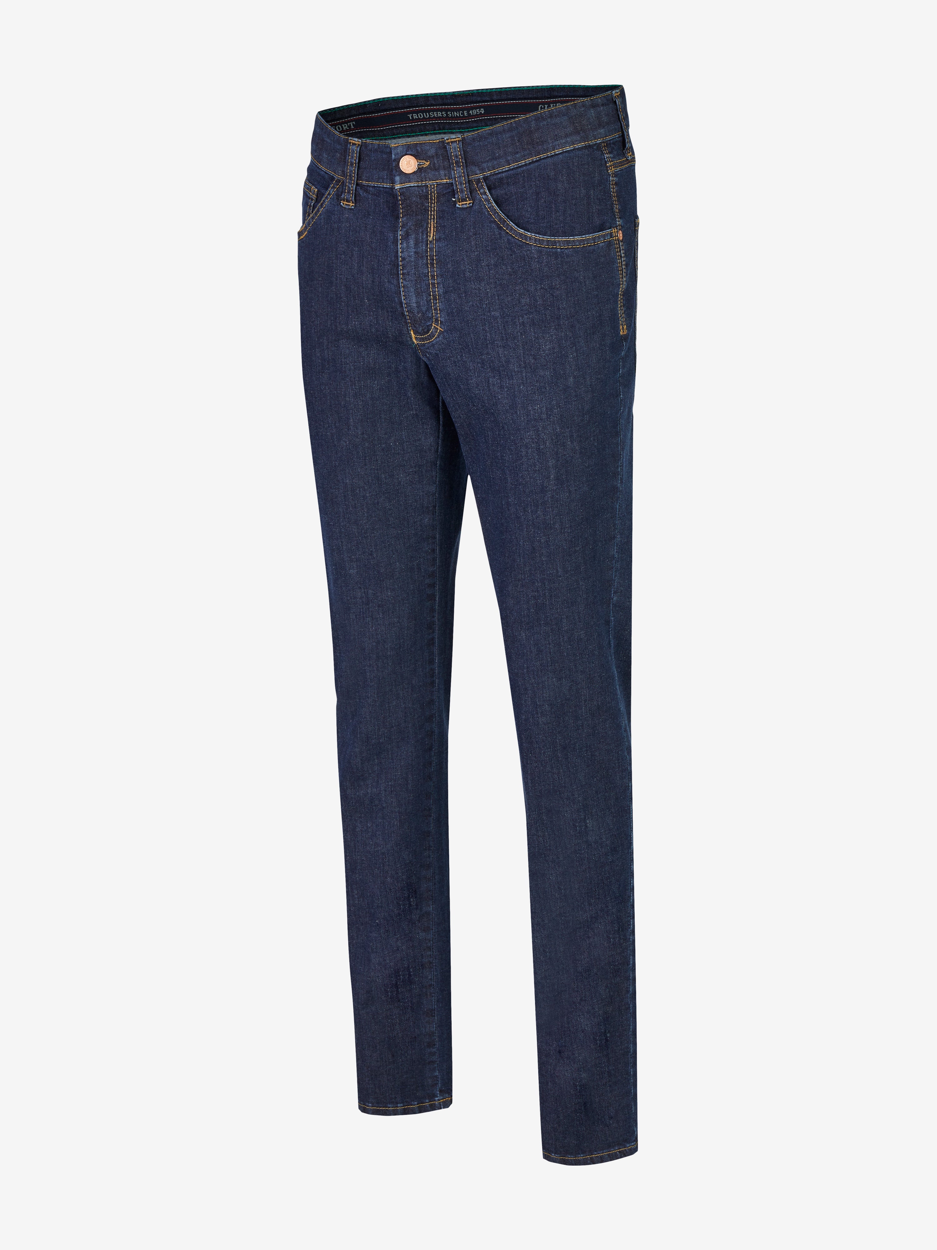 Blaue 5-Pocket Jeanshose HENRY-Z6516 von Club of Comfort mit elastischem Doppelstoffbund, Mobile Pocket für Smartphone, Münztasche mit Kontrast-Patch, hergestellt aus hoch elastischem Super High Stretch-Denim mit T400-Technologie, normaler Leibhöhe, schlankes Bein, schmaler Fußweite, nachhaltig, für alle Jahreszeiten, reguläre Passform.