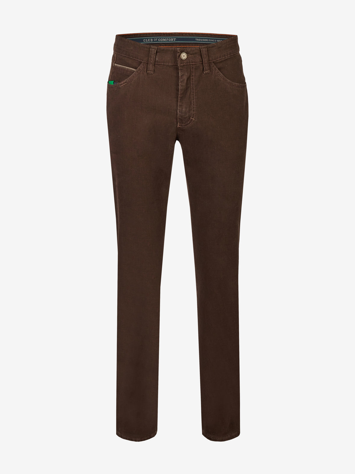 Dunkelbraune Herren-Hose von Club of Comfort, Modell HENRY 7612, mit 6-Pocket, elastischem Doppelstoffbund, Hemdstopper und Mobile Pocket in der rechten Vordertasche, hergestellt aus hochelastischer High Stretch-Baumwolle, Regular Fit, normale Leibhöhe, schlankes Bein, geeignet für Herbst/Winter, mit Standard 100 by Oeko-Tex.