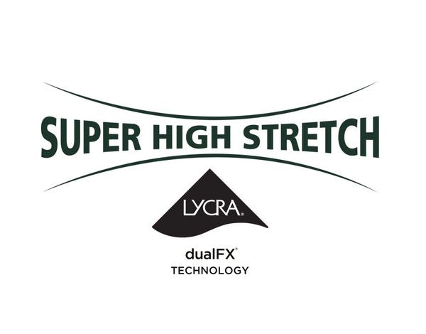 Logo mit dem Text "SUPER HIGH STRETCH" in großen, schwarzen Buchstaben, darunter ein schwarzes Dreieck mit dem weißen Schriftzug "LYCRA", und unterhalb die Begriffe "dualFX TECHNOLOGY".