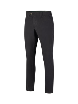 Dunkelblaue DENVER 4402 Flat Front-Hose aus Baumwolle mit High Stretch, elastischem Komfortbund, Hemdstopper, geradem Bein, Sicherheits-Reißverschluss-Tasche auf der rechten Rückseite, normaler Leibhöhe, made in Green by Oeko-Tex, für einen gepflegten, legeren Look.