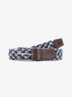 Blauer-dunkelbrauner, elastischer Two-Tone-Flecht-Bandgürtel mit Logoprägung in der Lederspitze und polierter Metallschließe, Breite 3,4 cm, Länge 90-125 cm, aus Polyester, sportlich, Stretch-Gürtel, für Ganzjahresgebrauch, von Club of Comfort.