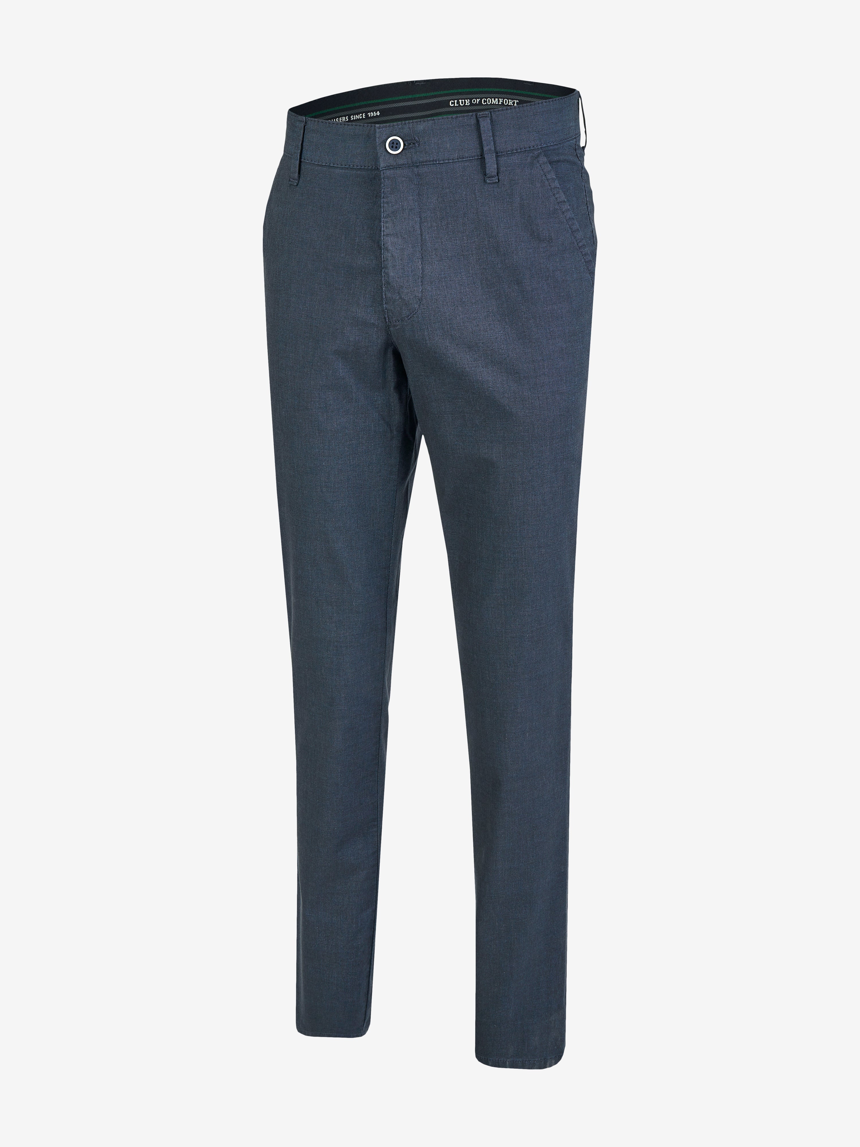 Dunkelblaue GARVEY 6910 Flat Front-Hose aus Baumwoll-Mikrostruktur im Wool-Look, mit Komfortbund, Hemdstopper, schmaler Fußweite, normaler Leibhöhe, Regular Fit, für Frühjahr/Sommer, mit Stretch und OEKO-TEX® Standard 100, Modell von Club of Comfort.