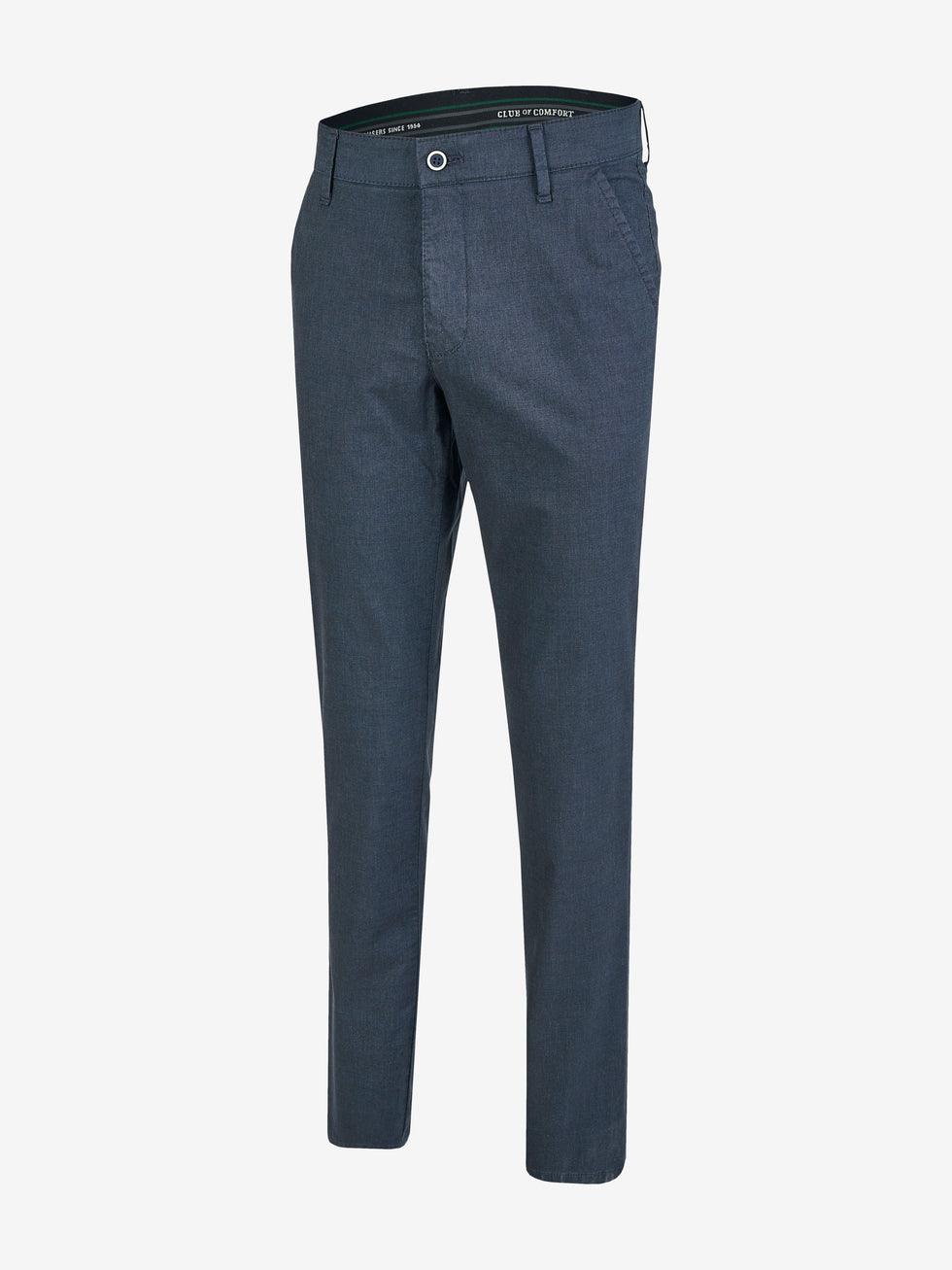Dunkelblaue GARVEY 6910 Flat Front-Hose aus Baumwoll-Mikrostruktur im Wool-Look, mit Komfortbund, Hemdstopper, schmaler Fußweite, normaler Leibhöhe, Regular Fit, für Frühjahr/Sommer, mit Stretch und OEKO-TEX® Standard 100, Modell von Club of Comfort.