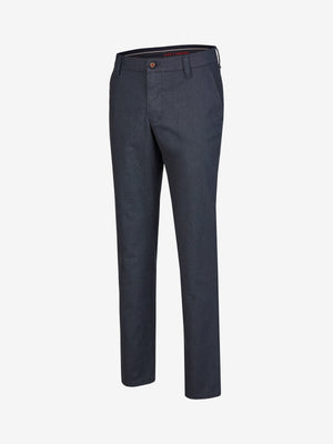 Hose GARVEY 7827 in marine-melange, bequeme Flat Front mit Komfortbund, Hemdenstopper, aus Baumwoll-Stretch mit Thermolite-Wärmeisolierung, Regular Fit, schmaler Beinverlauf, geeignet für Herbst/Winter, blau, langlebiges High-Tech-Gewebe.