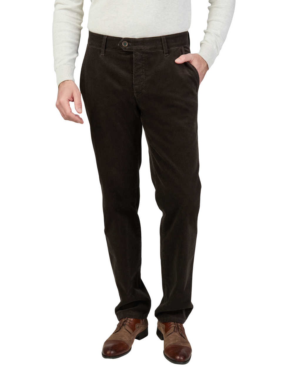 Hose aus dunklem Stoff mit geradem Schnitt, Bund mit Gürtel, Reißverschluss und Knopf, Person trägt braune Schuhe:**