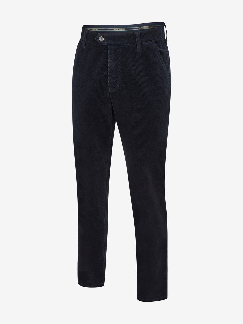 Bequeme GARVEY 8200 Marine Flat Front-Hose aus Feincord mit High Stretch, elastischem Komfortbund, Hemdenstopper, Bundverlängerung mit Knopf und Haken, normale Leibhöhe, schmaler Beinverlauf, Regular Fit, hergestellt von Club of Comfort, blau, geeignet für Herbst/Winter, Made in Green by Oeko-Tex.