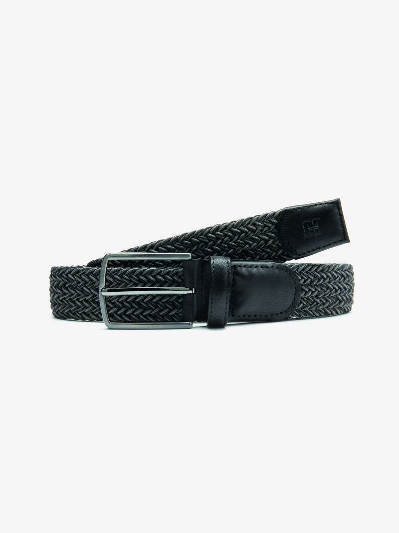 Grau elastischer Two-Tone-Flecht-Gürtel mit Logoprägung in der Lederspitze, polierte Metallschließe, 3,4 cm breit, Länge 90-125 cm, von Club of Comfort, perfekt für sportliche Looks, Stretch-Design für Komfort.