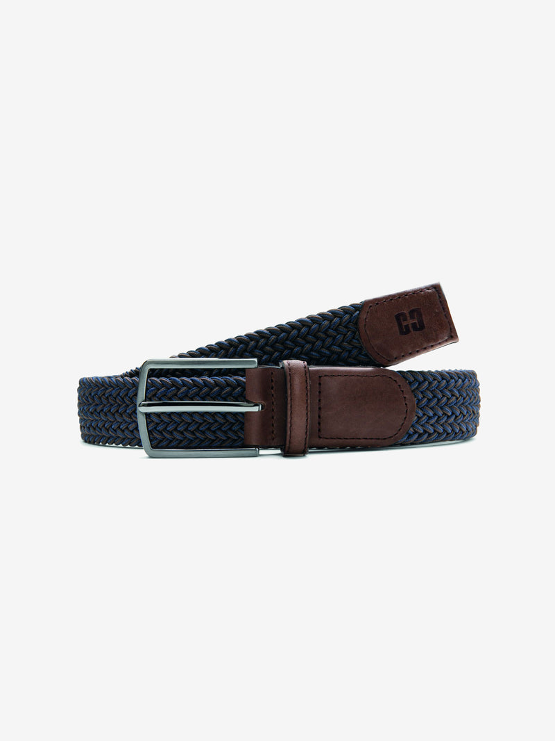Sportiver, elastischer GUERTEL73 - marine Two-Tone-Flecht-Gürtel mit Logoprägung in der Lederspitze, polierte Metallschließe, Breite 3,4 cm, Länge 90-125 cm, aus Polyester, perfekt für sportliche Looks, Hersteller Club of Comfort.