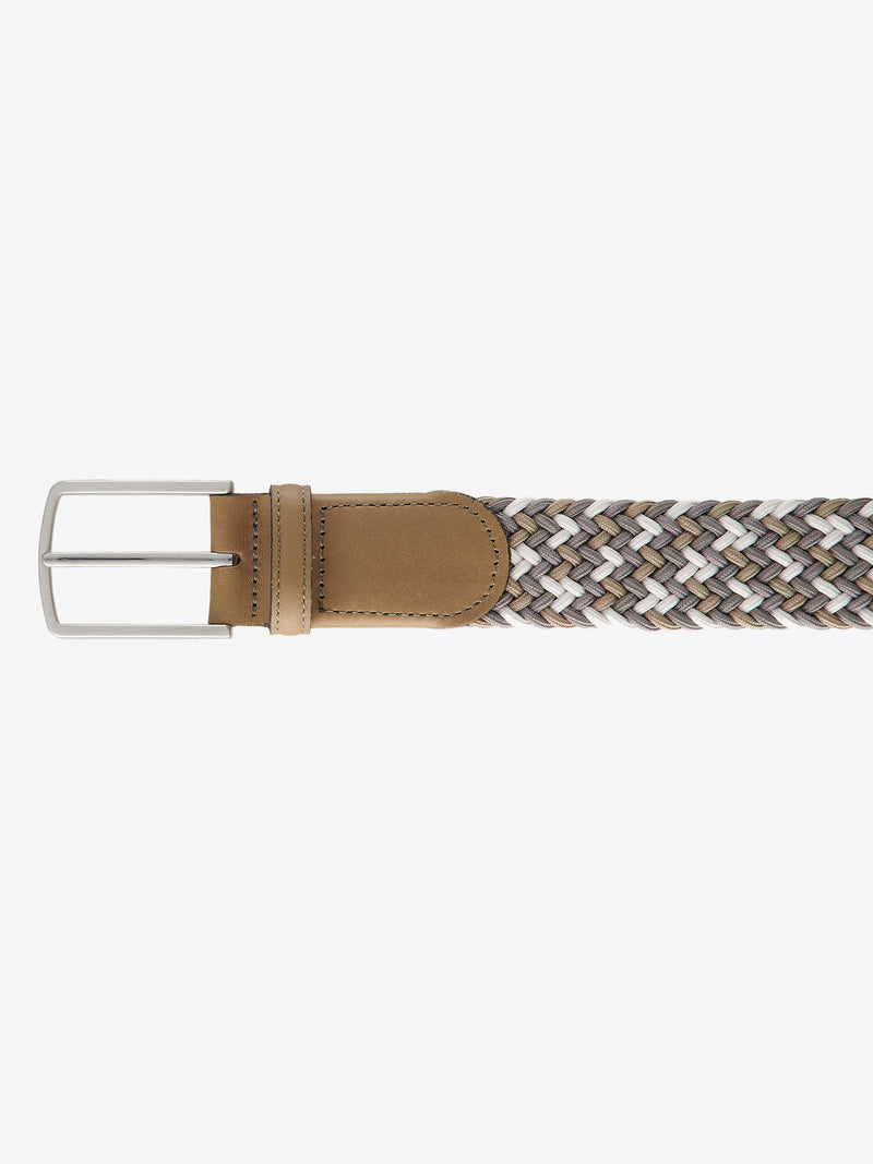 Beiger-blauer stretchiger Two-Tone-Flecht-Gürtel mit Logoprägung in der Lederspitze und polierter Metallschließe, Breite 3,4 cm, inklusive vielfältiger Längen von 90 bis 125 cm, von Club of Comfort, geeignet für alle Jahreszeiten.