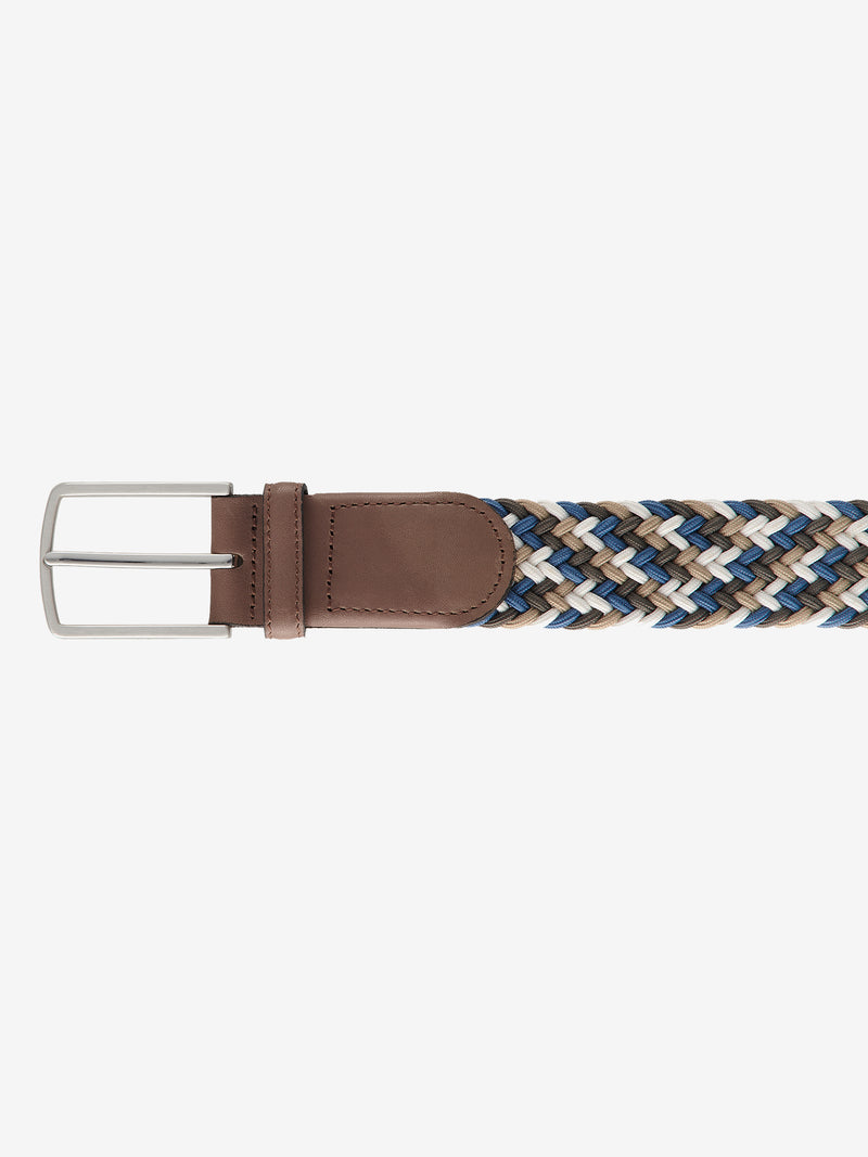 Sportiver, elastischer Two-Tone-Flecht-Gürtel in blau-dunkelbraun mit Logoprägung in der Lederspitze, polierte Metallschließe, Breite 3,4 cm, Länge 90-125 cm, aus Polyester, hergestellt von Club of Comfort.
