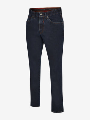 Dunkelblaue Thermo-Jeanshose "HENRY 6822" von Club of Comfort mit 6 Taschen, elastischem Komfortbund, Mobile Pocket, High-Stretch-Denim, Thermolite-Wärmeisolierung, Regular Fit, schmaler Beinverlauf, made in Green by Oeko-Tex, geeignet für Herbst/Winter.