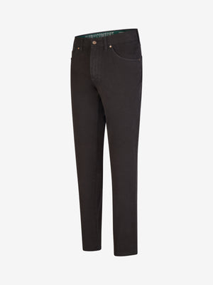 Schwarze HENRY 8070 Baumwollhose von Club of Comfort mit 6-Pocket, elastischem Doppelstoffbund, Hemdstopper und Mobile Pocket in rechter Vordertasche. Bequemer Regular Fit, ca. 405 g/lfm, mit 360° Stretch, Made in Green by Oeko-Tex, ideal für alle Jahreszeiten.