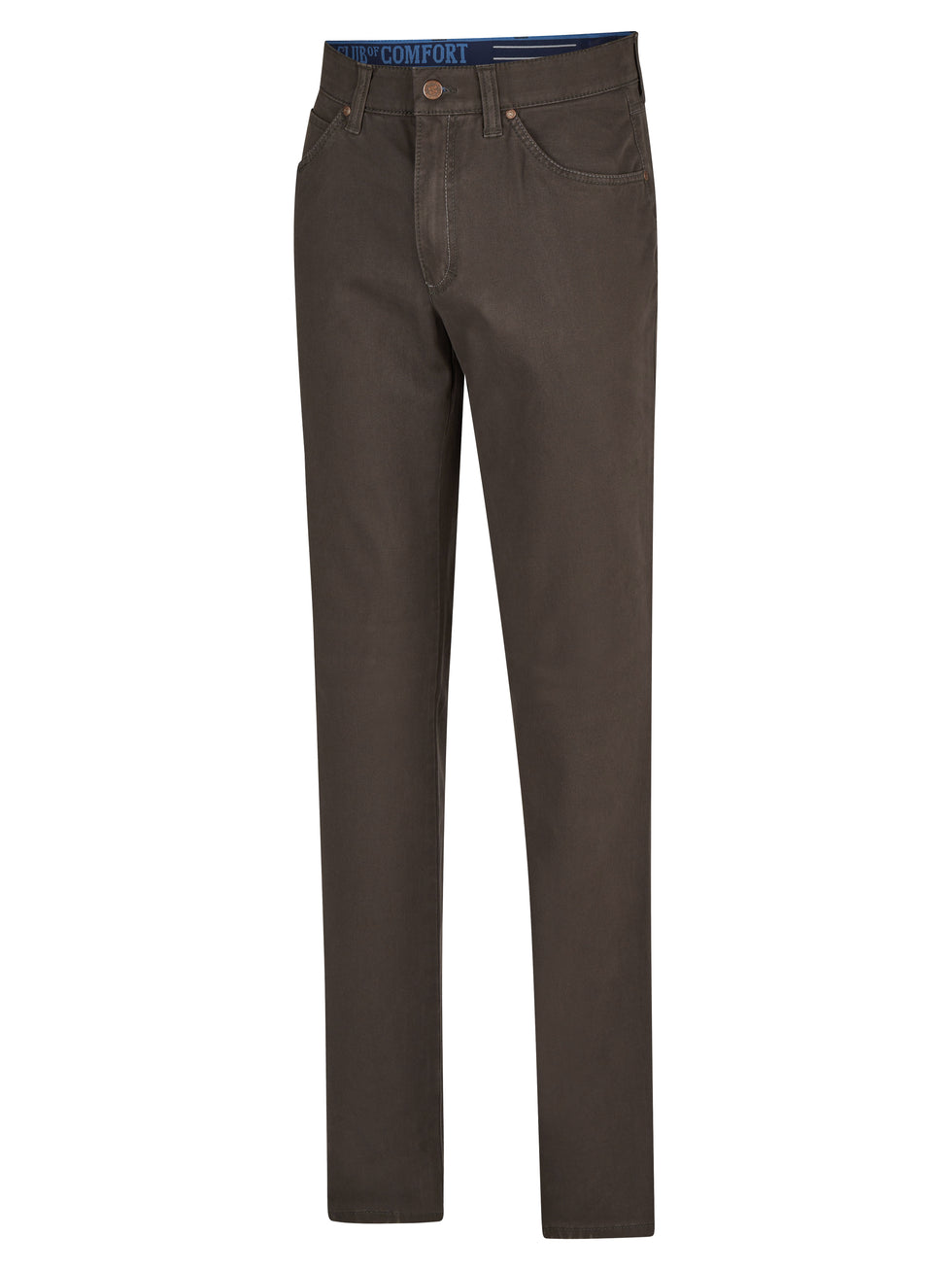 Graue Damenhose von Club of Comfort, Modell HENRY 8070, mit 6-Pocket-Stil, elastischem Doppelstoffbund, Hemdstopper und separater Mobile Pocket in der rechten Vordertasche. Bequeme Baumwollqualität, Regular Fit, niedrigere Leibhöhe, schlankes Bein, 360-Grad-Stretch, made in Green by Oeko-Tex, geeignet für Ganzjahres, in schmaler Fußweite.