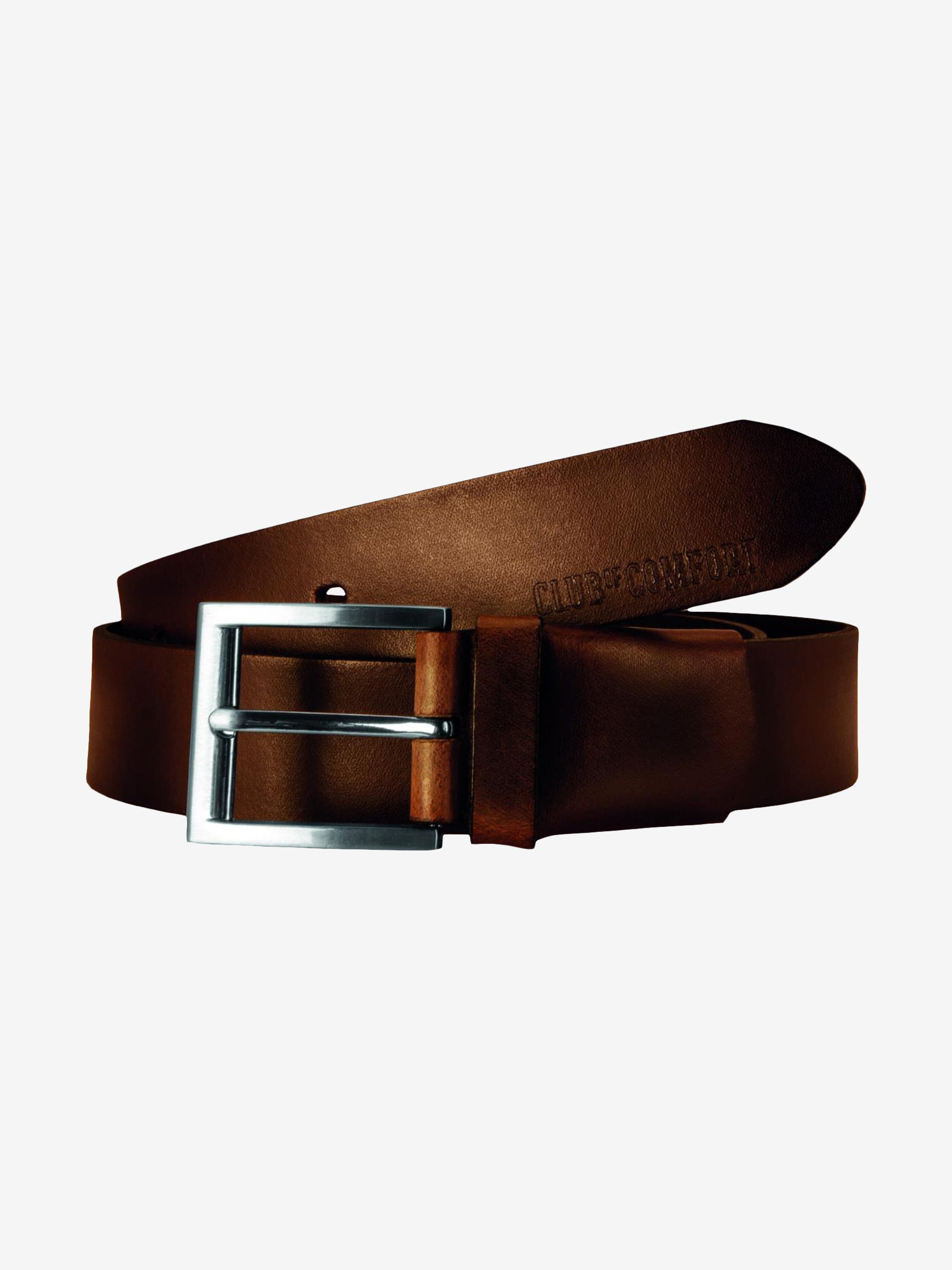 Hochwertiger brauner Echtleder-Gürtel von Club of Comfort mit polierter Metallschließe, Logoprägung im Leder, 3,4 cm breit, verstellbar von 85 bis 150 cm, elastischer Stretch-Design, geeignet für Regular-Figur, ganzjährig, langlebig und flexibel.