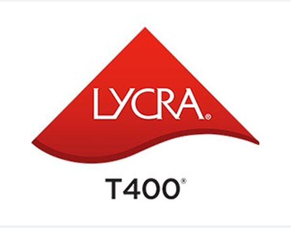 Das Bild zeigt das Logo der Marke LYCRA, bestehend aus einem roten, dreieckigen Symbol mit gekrümmter Unterseite, darunter die Schrift „LYCRA“ in weißen Großbuchstaben. Unter dem Logo steht die Bezeichnung „T400“ in schwarzer Schrift.