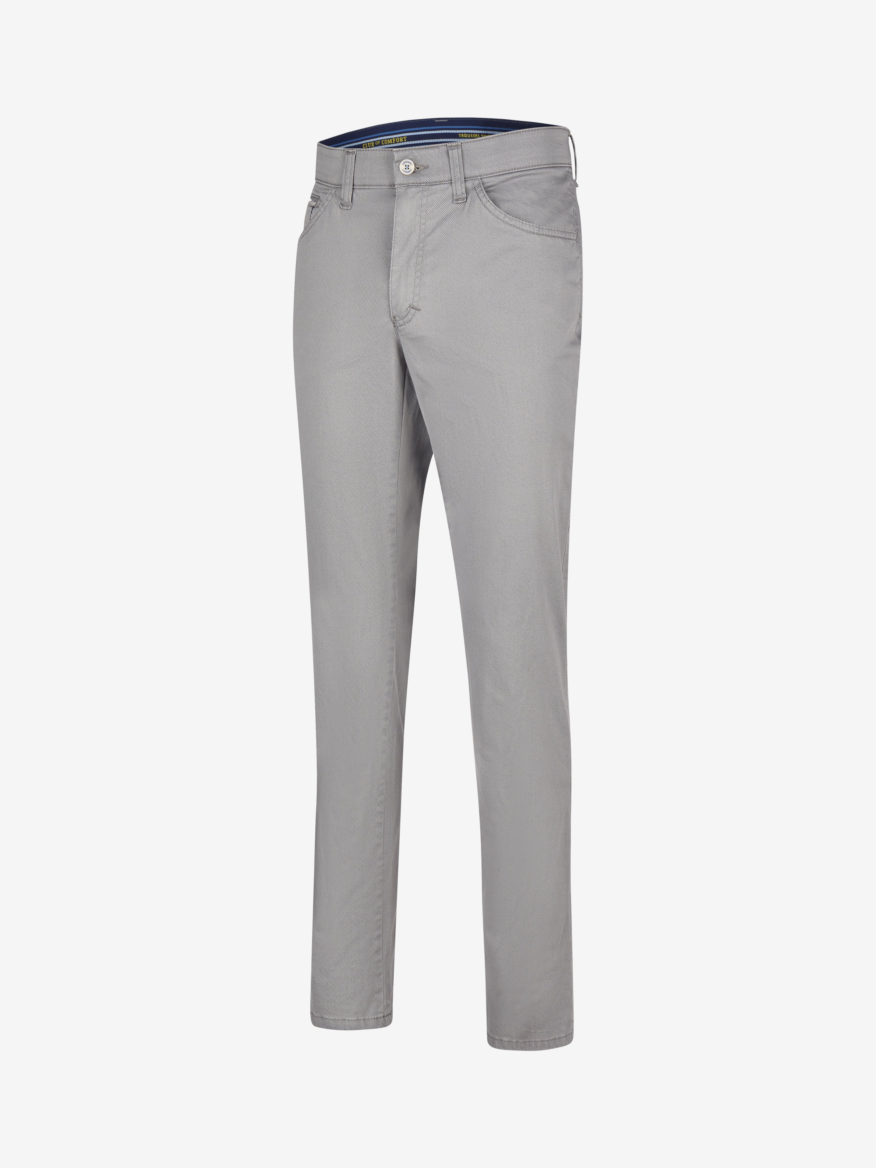 Graue Damenhose „MARVIN 8103“ von Club of Comfort, mit elastischem Komfortbund, Hemdenstopper, Swing-Pocket, doppelt paspelierter Münztasche, leichter Baumwoll-High Stretch mit Mikro-Print, Regular Fit, schmalem Bein, 270 g/m², gefertigt in Deutschland.