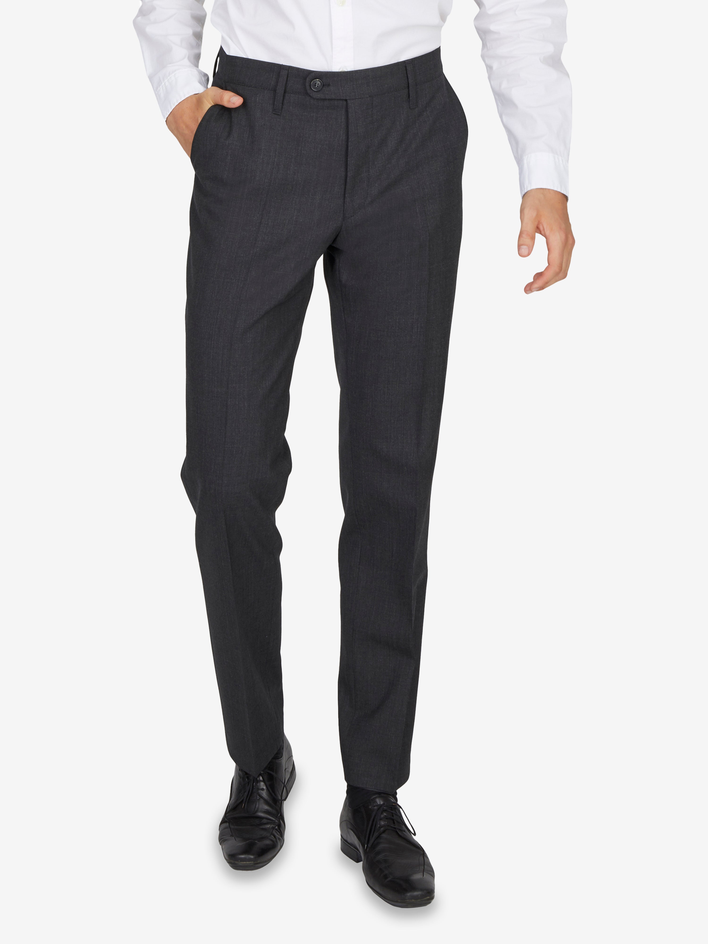 Bequeme dunkelgraue SANTOS 2590 Flat Front-Hose mit elastischem Komfortbund, Hemdenstopper, geradem Bein und niedriger Leibhöhe, aus waschbarer Woll-Misch-Qualität, reguläre Passform, Hersteller Club of Comfort.