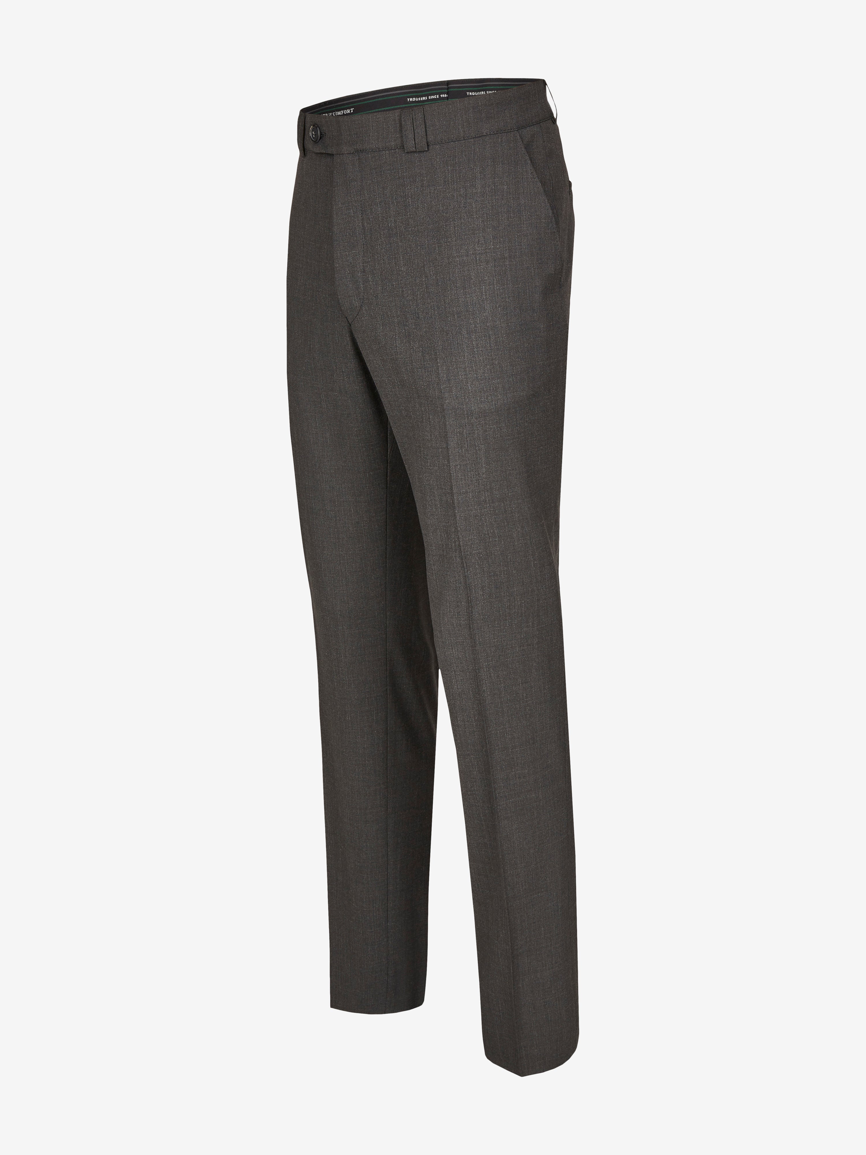 Dunkelgraue SANTOS 2590 Flat Front-Hose vom Hersteller Club of Comfort, aus melierter Woll-Mischqualität, mit elastischem Komfortbund, Hemdenstopper, normaler Leibhöhe, geradem Bein, waschbar und mit Stretch.
