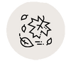 Icon eines zerbrochenen Glases mit zersplitternden Linien, umgeben von sieben fallenden Blättern in einem schlichten, schwarzen Linienstil auf hellem Hintergrund.