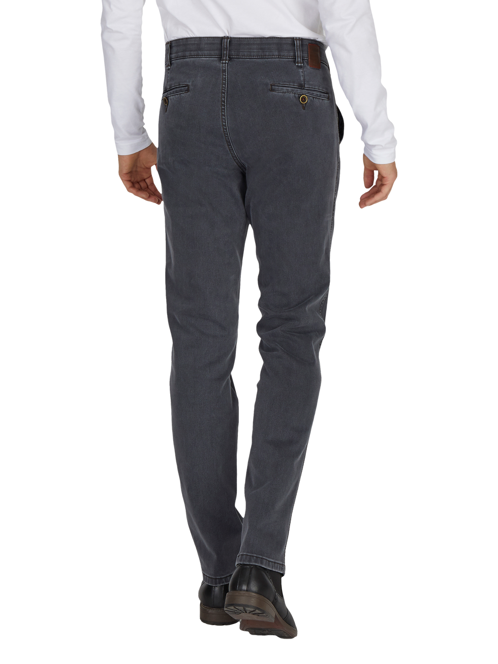 Graue GARVEY 6822 Flat Front-Hose aus High Stretch-Denim mit Thermolite-Wärmeisolierung, elastischem Komfortbund, Hemdstopper, Bundverlängerung mit Knopf und Haken, regular Fit, schmaler Beinverlauf, Modell der Dallas 4624, geeignet für Herbst/Winter, hergestellt von Club of Comfort.