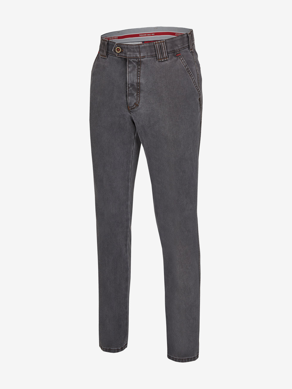 Graue GARVEY 6822 Flat Front-Hose mit elastischem Komfortbund, Hemdstopper, Bundverlängerung mit Knopf und Haken, aus High Stretch-Denim mit Thermolite-Wärmeisolierung, regular Fit, schmaler Beinverlauf, Herbst/Winter, hergestellt von Club of Comfort.