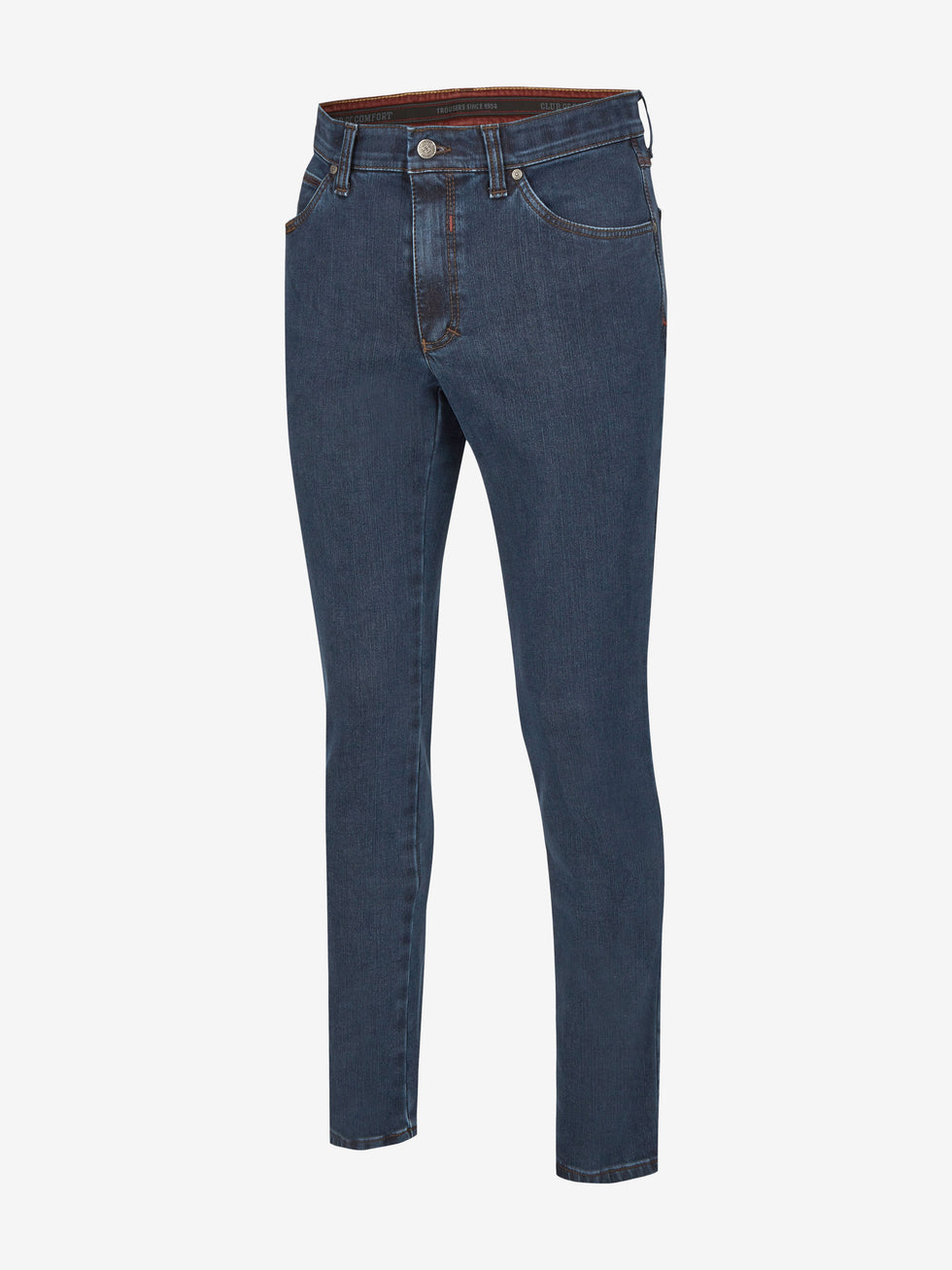 Detailliertes Bild einer Jeanshose "HENRY 6822" in jeansblau von Club of Comfort, mit elastischem Komfortbund, 6 Taschen, Mobile Pocket in der rechten Vordertasche, robuster High-Stretch-Denim, Thermolite-Wärmeisolierung, normaler Leibhöhe, schlanker Beinverlauf, pflegeleicht, geeignet für Herbst/Winter, Gewicht 560 g/lfm, Made in Green by Oeko-Tex.