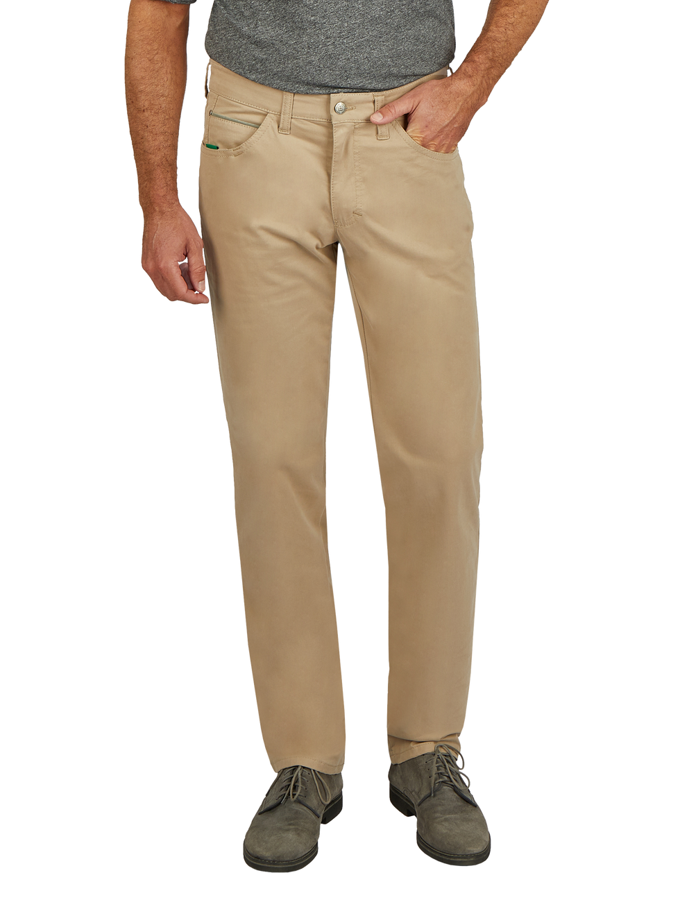 Bequeme beige 6-Pocket-Hose von Club of Comfort mit elastischem Doppelstoffbund, Hemdstopper und separates Smartphone-Fach in der rechten Vordertasche. Aus leichtem Baumwoll-High-Stretch mit Coolmax EcoMade, normale Leibhöhe, schlankes Bein, made in Green.