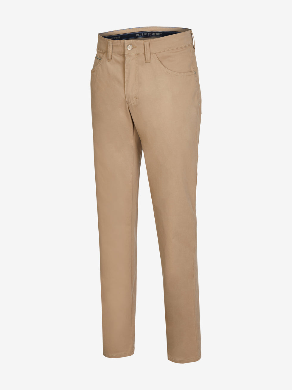 Beige HENRY 7323 Baumwollhose mit 6-Pocket, elastischem Doppelstoffbund, Hemdstopper, separater Mobile Pocket rechts, regulärer Fit, High Stretch, Coolmax EcoMade Klimaregulierung, hergestellt von Club of Comfort, für Frühling/Sommer, nachhaltig, bequem, schlankes Bein, Made in Green by Oeko-Tex.